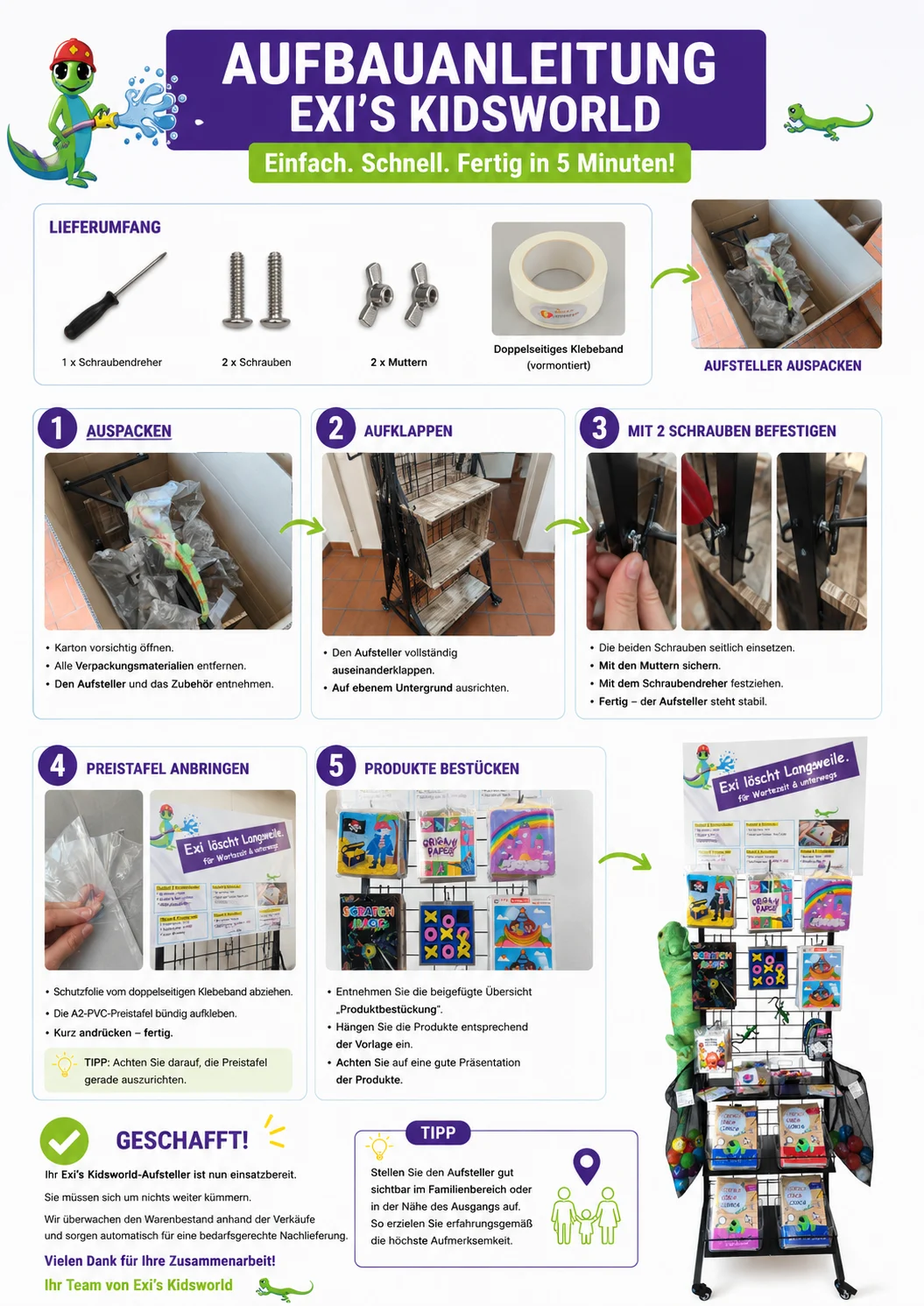 Aufbauanleitung Exi-Aufsteller mit Fotos: Lieferumfang, Auspacken, Aufklappen, Schrauben befestigen, Preistafel anbringen, Produkte bestücken