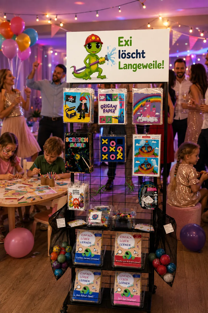 Exi-Event-Aufsteller „Exi löscht Langeweile“ mit Puzzles, Origami, Rätselheften und Bällen auf einer Feier