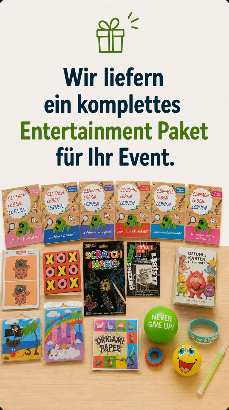Inhalt des Entertainment-Pakets: 6 Exi-Rätselhefte, Puzzles, Tic Tac Toe, Kratzbild, Knobelspiel, Gefühlskarten, Origami, Bälle und Armband