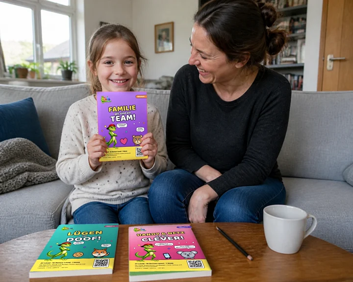 Mädchen hält lachend das Exi-Rätselbuch „Familie – Wir sind ein Team!“ hoch, daneben ihre Mutter; auf dem Tisch liegen „Lügen ist doof!“ und „Handy & Netz – Ich bin clever!“