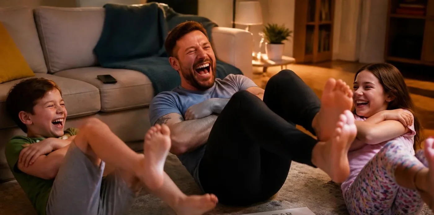 Vater und Kinder lachen gemeinsam auf dem Wohnzimmerboden