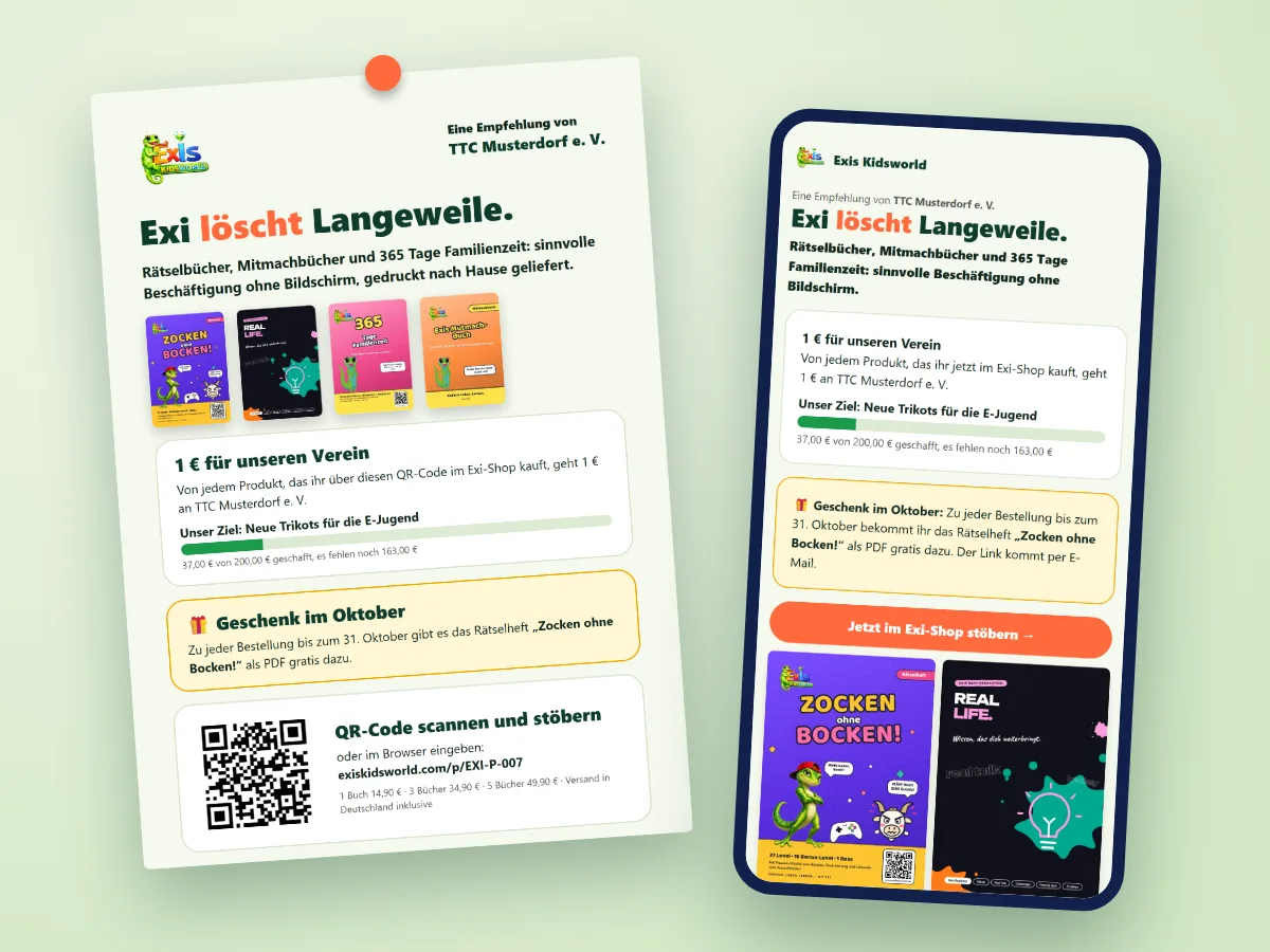 Ein Aushang mit QR-Code und die Partnerseite auf dem Handy: So empfehlen Partner Exi