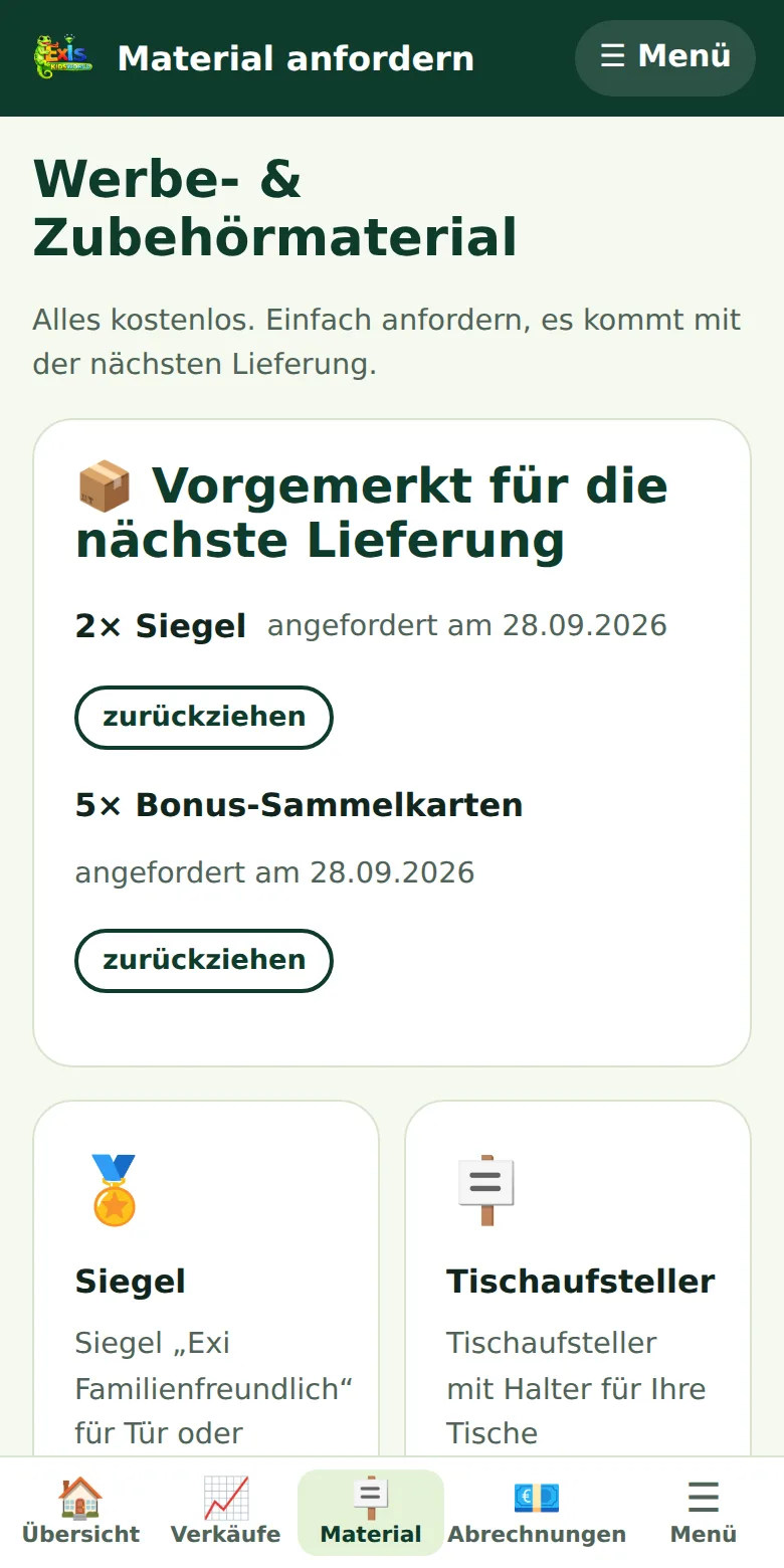 Material anfordern: Siegel, Tischaufsteller, Sammelkarten, Stempel