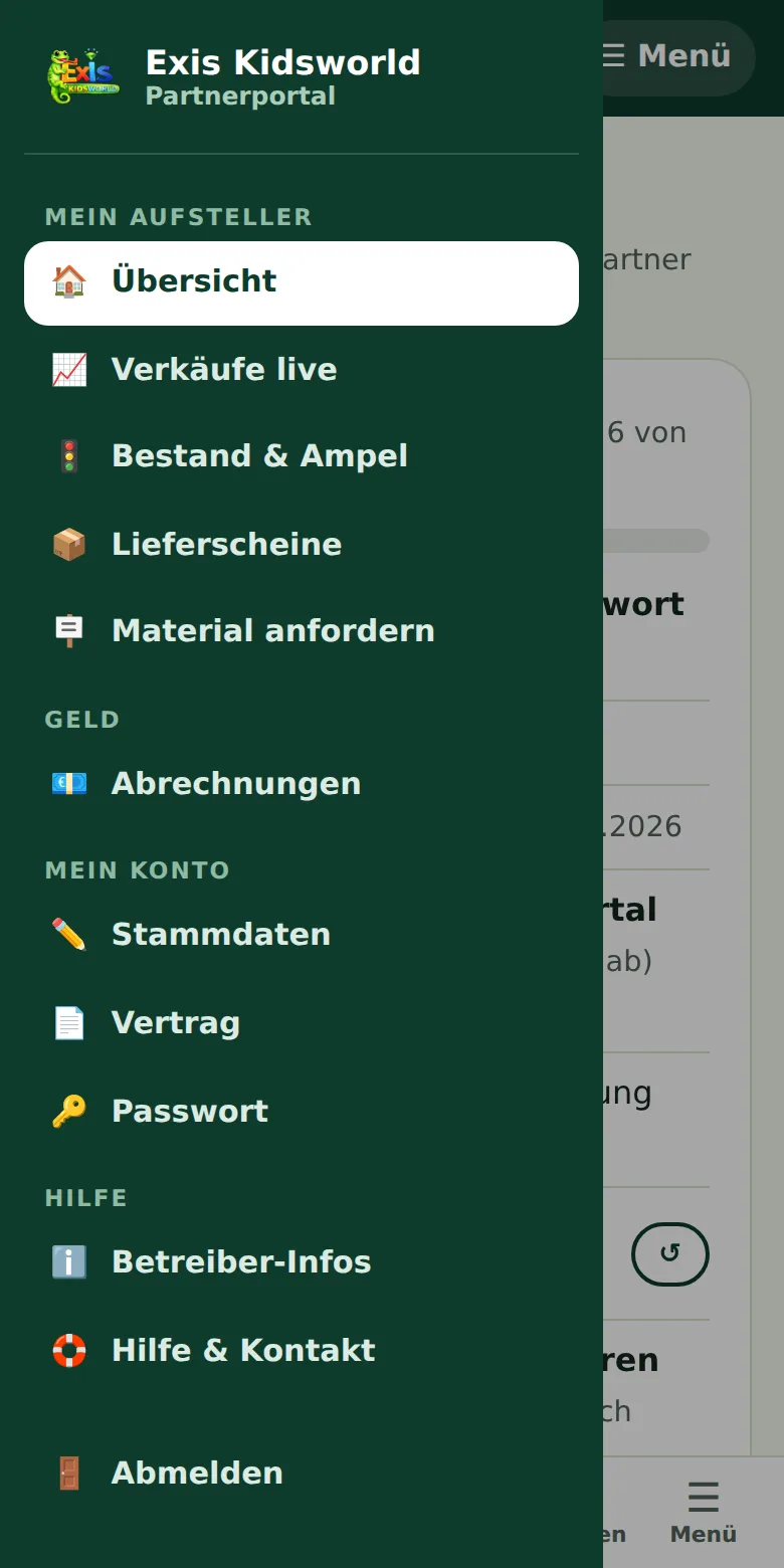 Menü des Partnerportals auf dem Handy