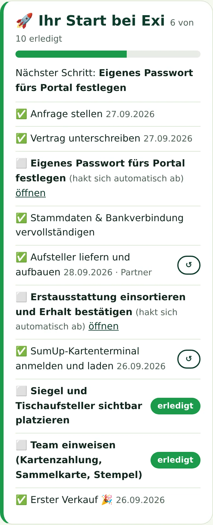 Start-Fahrplan mit Fortschrittsbalken und Häkchen