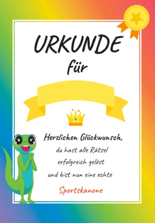 Beispiel-Urkunde aus dem Rätselheft Sport: Herzlichen Glückwunsch, du hast alle Rätsel gelöst