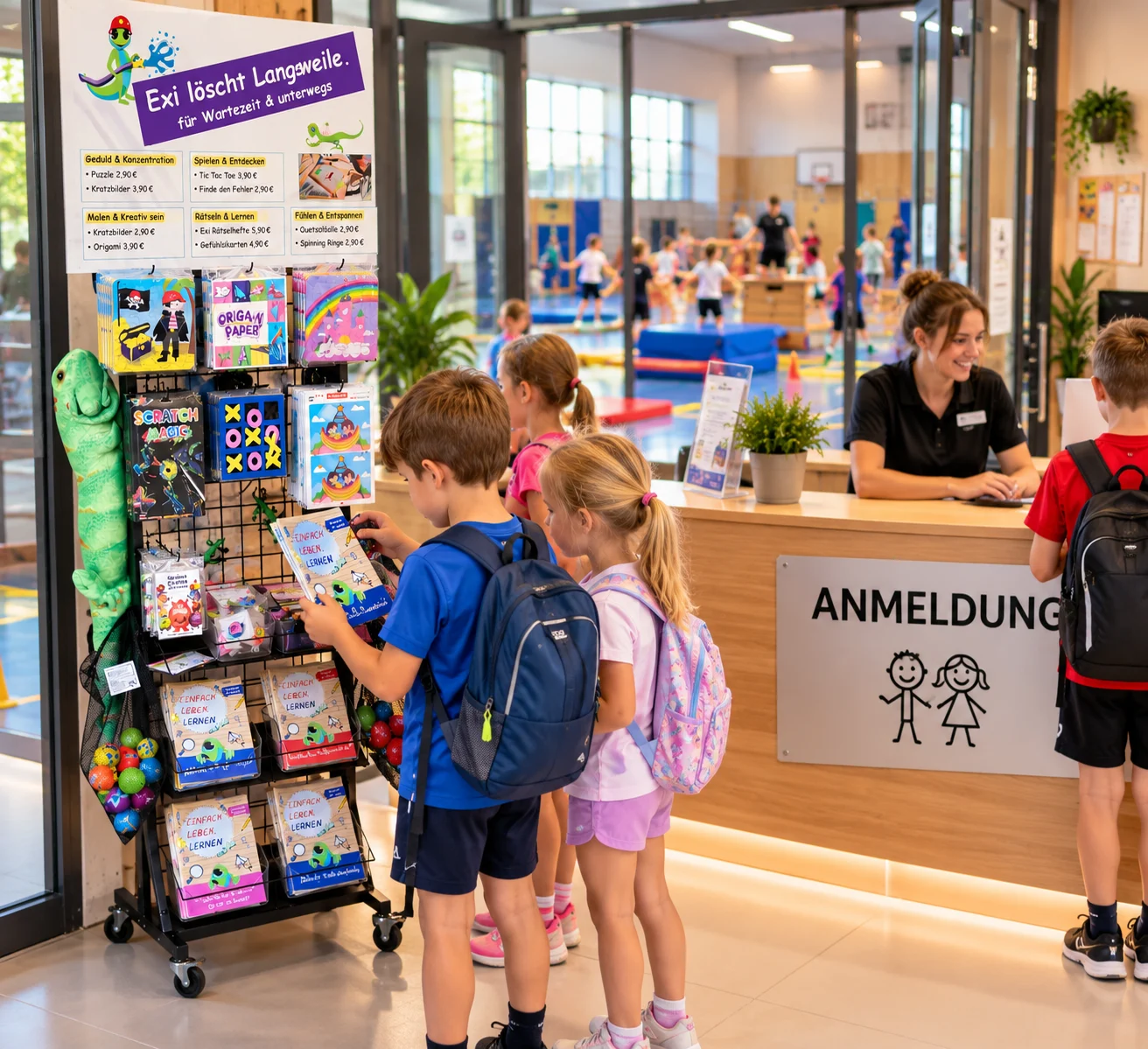 Kinder stöbern am Exi-Aufsteller neben der Anmeldung einer Sporthalle